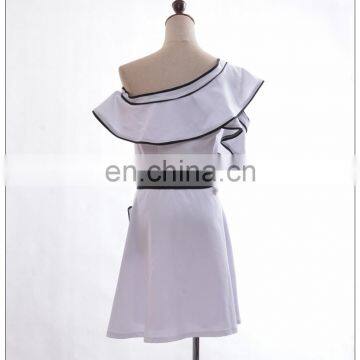 New Arrived One Shoulder off Cute Dress White Cotton Butterfly Sleeve Fit and Flare Mini Solid Dress photo-4