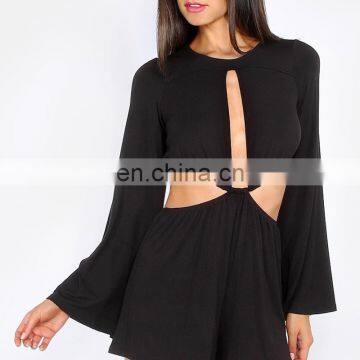 Sexy Cut Out Long Sleeve Crew Neck Short Jumpsuit Club Style Black Romper