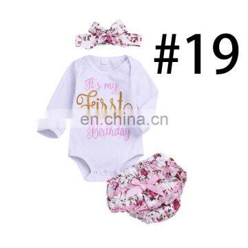 "it's my First Birthday" 2019 Long Sleeved Baby Bunny Print Rompers & Bloomer & Headband 3pc Set photo-2