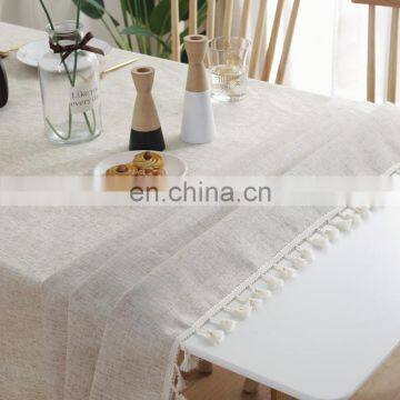 Restaurant Washed Woven Table Cloth 90" Linen Textile Rectangular Table Clothes With Tassel