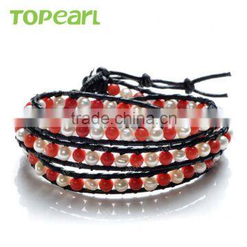 Topearl Jewelry Potato Shape White and Coral Freshwater Bracelet Woven Leather Wrap Bracelets Designs for Girls CLL165