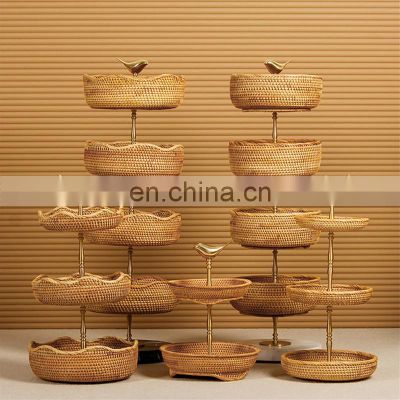 Hot Sale Rattan Woven Double-deck 2 3 Tiers Tray, Handcrafted Desktop Fruit Bread Snack Nuts Candies Storage Tray