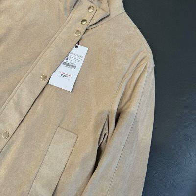 2025 Spring New Product Women's Suede Texture Effect Stand up Collar Long Sleeve Jacket Workwear Coat
