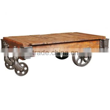 Vintage Industrial Antique Look Coffee Table Cart with cast iron wheels and wooden top