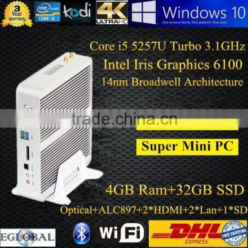 Eglobal Cheap Broadwell Fanless Mini PC Case Windows10 Intel NUC Core i5 5200U 5257u Dual Lan 2HDMI Barebone 4GB RAM 32GB SSD