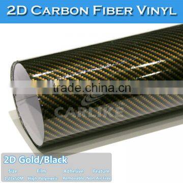 CARLIKE Removable Black/Gold Car Cover 2D Carbon Fiber Stickers Wrap Vinyl