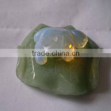 Opalite frog carving stand on green aventurine lotus leaf