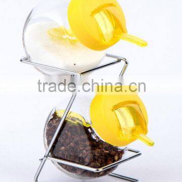 2pcs glass spice jar with spoon and metal rack (TW1027)