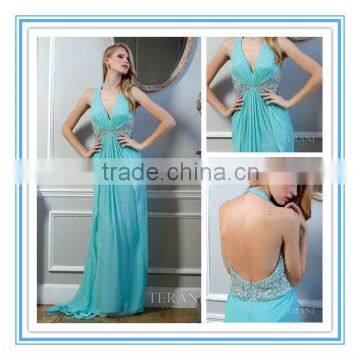 Hot Sale Chiffon Halter V- Neck Evening Gowns Heavy Sequins Beaded Sexy Open Back Evening Dresses 2015 Plus Size(EVTE-1010)