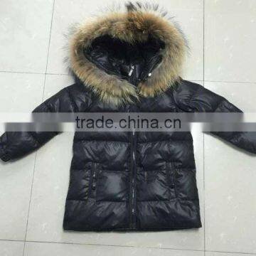 multi color children down coat with raccoon fur hood