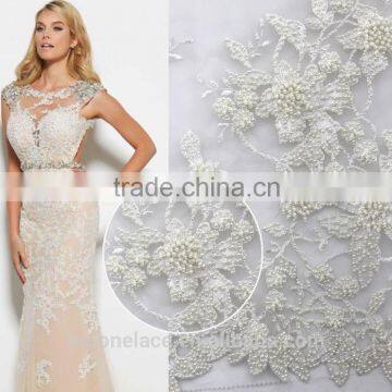 high quality Ivory tulle beaded lace fabric wholesale /hand beaded embroidery lace for evening dress