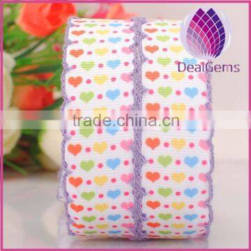 purple color 22mm width heart pattern satin ribbon with lacework