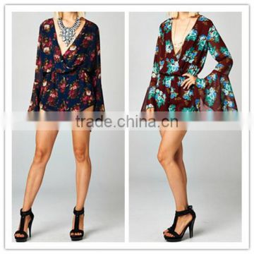 cheap 2015 sexy ladies Long bell sleeve Deep V neck print floral plus size loose short chiffon playsuit romper jumpsuit