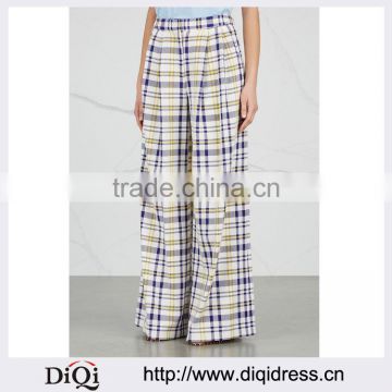 Wholesale Women Apparel Plaid Side Pockets Wide-leg Cotton Trousers(DQE0358P)