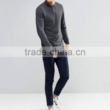 Custom Long Sleeve Button Placket Dark Grey Men's Cotton Polyester Breathable Pique 200g Casual Comfortable Blank Polo Shirt photo-4