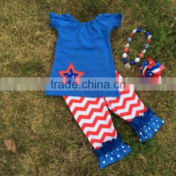 2015 new baby girls July 4th chevron star outfits top set outfits with matching necklace and bow