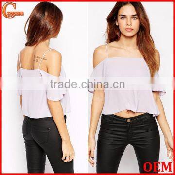 Fashion off the shoulder semi mesh crop top strap chiffon tank top