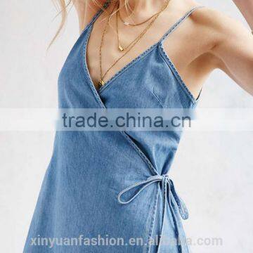 Apparel Denim Sexy Blue Plunge Neck Dress Spaghetti Strap Sashes Wrap Dresses Backless Sleeveless Street A-line Dress photo-4