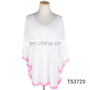 TOROS wholesale women lady white beach poncho tops with pom pom