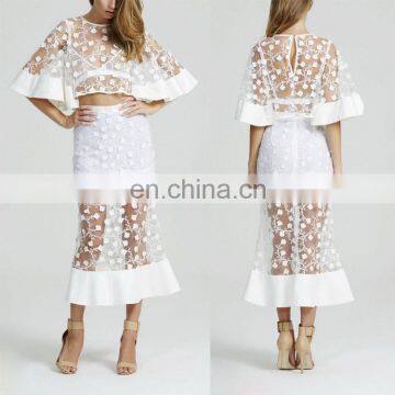 Alibaba China Factory Florals See Through White Mesh Lace Twin Sets Mermaid Prom Dress