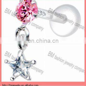 Fashion clear lip ring dangle pentagram pink crystal body piercing jewelry