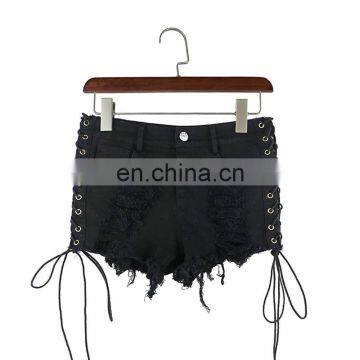 Black Sexy Short Jeans 100%cotton Tie Hollow Out Washed Hollow Out Mini Pant Wholesale photo-4