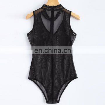 Women Sexy&club Bodysuit Black Net Mesh Hollow Out Embroidered Rose Patchwork Sleeveless Blouse photo-5