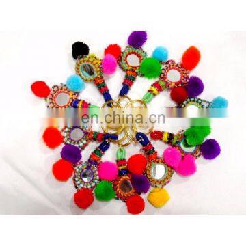 Key Chain Handmade Pom Pom Banjara 5 PC's Lot Mirror Beads Work Key Chain Ring