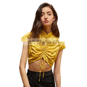 TWOTWINSTYLE Vintage Ruched Tops For Women Stand Collar Short Sleeve Lace Up Slim