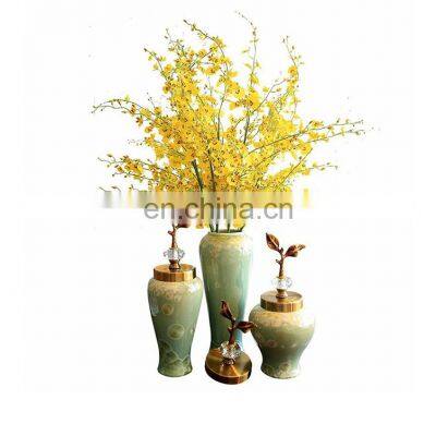 Home Ornament Brass Leaf Green Decorative Ceramic Porcelain Vase