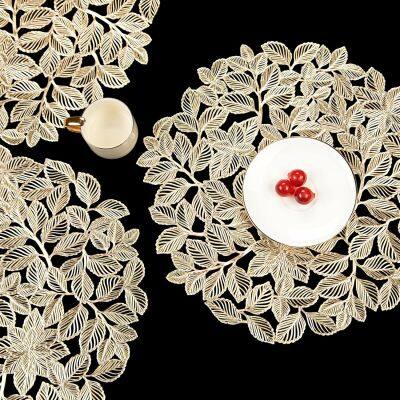 Flower Hollow Metallic Placemats Set of 6 Gold Leaf Round Placemats Non-Slip Wipeable Table Mats for Dinner,Party,Wedding Accent Centerpiece photo-5