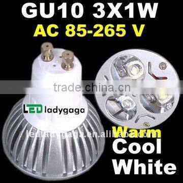 2012 NEW! High Cool White Warm White LED 3W spot Lamp Bulb AC85~265V,270lm,High strength glass Heat sink 3x1W GU10 led spotlight