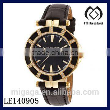 Fashion Watch Customized Women's Black Genuine Leather Strap and Dial Gold-Tone