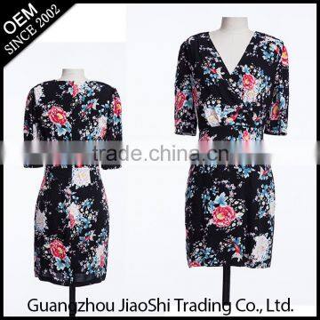 Wholesale dress deep V-neck slim short sleeve summer dress for mature woman