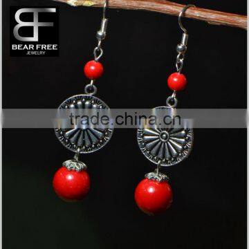 Length 4cm Retro Silver Round Red Beads Drop Earrings for Women