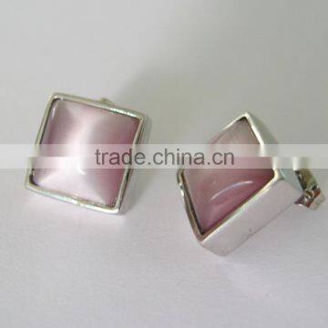 Fashion square metal with pink opal earrings stud with bowknot plug, Customized Colors or LOGO and OEM desigtn accept