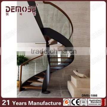 black interior spiral with stained wood treads & handrail