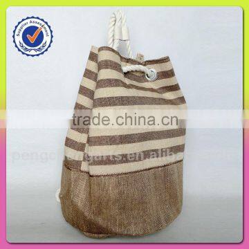 Backpack style stripe jute bag with cotton material handbags