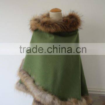 Original Design Pashmina Cape Poncho With Raccoon Fur Trim Ladies Luxury Natural Fur Edge Cashmere Shawl