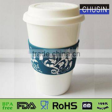 eco-friendly and high quality ceramic coffee cup with blue sleeve