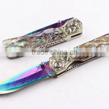 OEM Damascus blade material Silk color Abalone handle folding knife