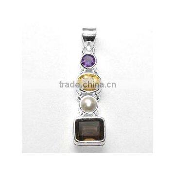 Amethyst, Citrine, Pearl And Smoky 925 Sterling Silver Handmade Pendant