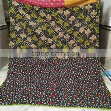 new design 2016 Vintage Kantha Quilt Floral Kantha Throw neon pom pom Handmade Bedspread Queen Size Blanket India