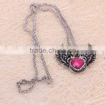 Pink Gem Stone Pendant Necklace, Angel Wings Druzy Pendant Metal Chain Necklace