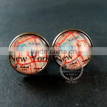 20mm vintage antiqued bronze New York old map art collage glass cabochon round cufflinks fashion wedding cuff links 6600040