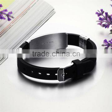 New Fashion Jewelry Silicone Rubber Silver Sleepy Hollow Strip Grain Stainless Steel Men Bracelet Bangle photo-3