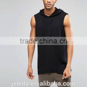 Comfortable latest design fashion black oversized sleeveless hooded t-shirt men custom