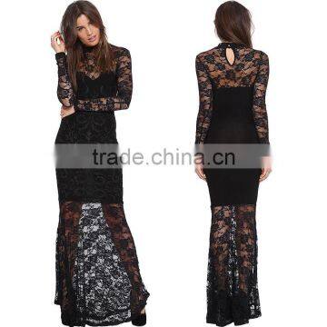 MGOO Fast Selling 2015 OEM/ODM Hollow Out Lace Dress Black Sheath Maxi Dress Long Sleeve Prom Dress D662 photo-6