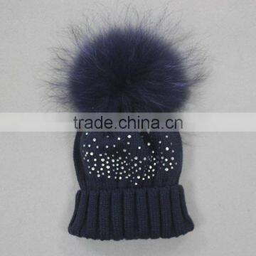 Myfur Navy Knitting Beanie Hat With Stones Real Raccoon Fur Ball Top For Teenager Boys