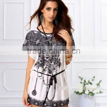 Printed round neck bat sleeves loose large size women's T-shirt dress